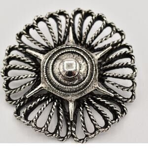 Vintage Flower Pin Brooch Antiqued Silver Filigree Round Chunky 1980s NOS Bin4